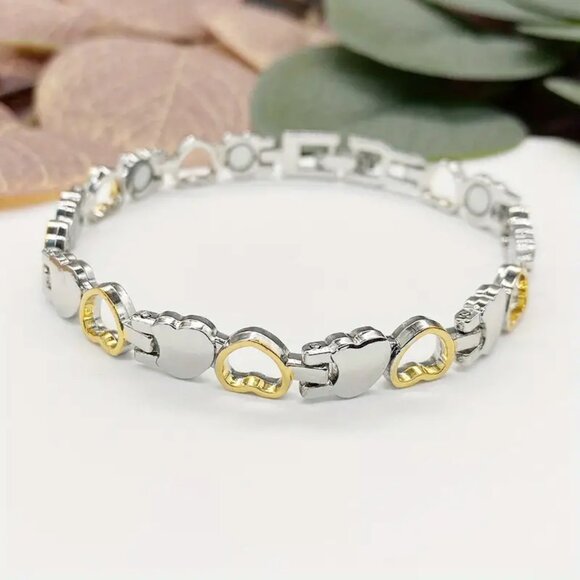 Two Toned Heart Link Bracelet, White and Yellow Gold with Magnets for Health - Picture 1 of 3
